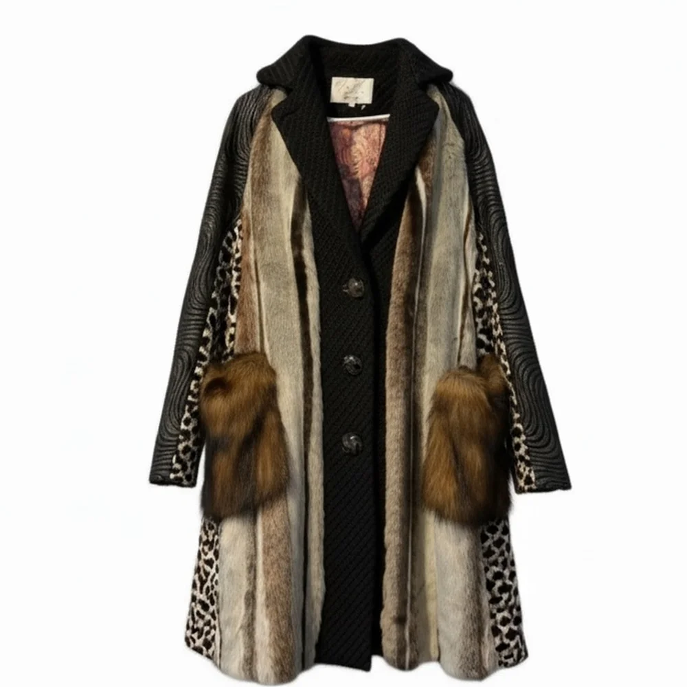 Byron Lars Beauty Mark Faux Fur Patchwork Coat – Leopard & Textured Panels Sz 6